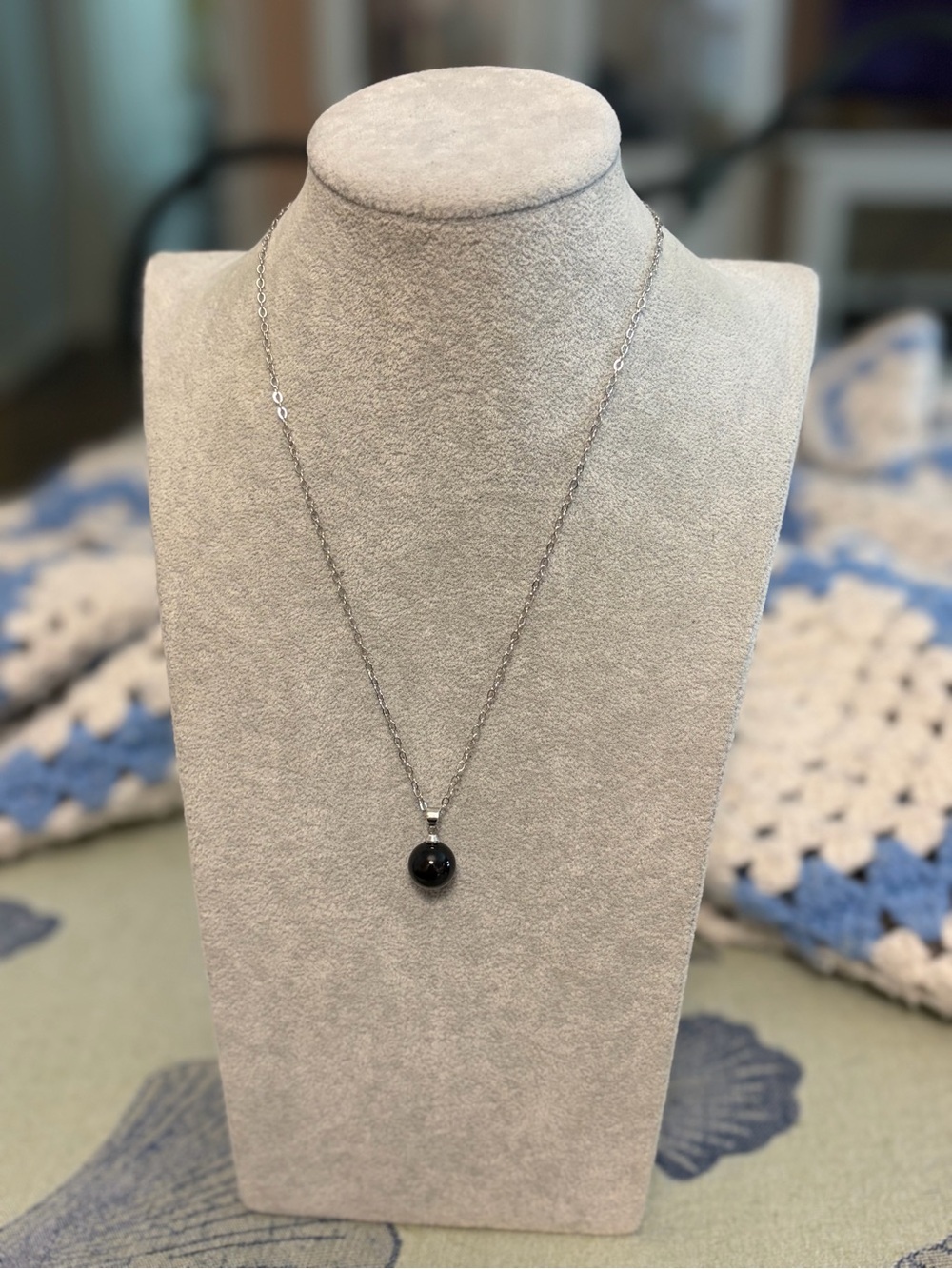 Black Round Bead Pendant Necklace Silver-Tone Adjustable Chain